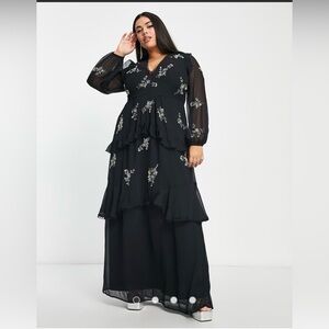 ASOS DESIGN Curve circle trim maxi dress with floral embellishment in black